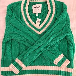 Aerie Teal V-Neck Cable Knit Sweater